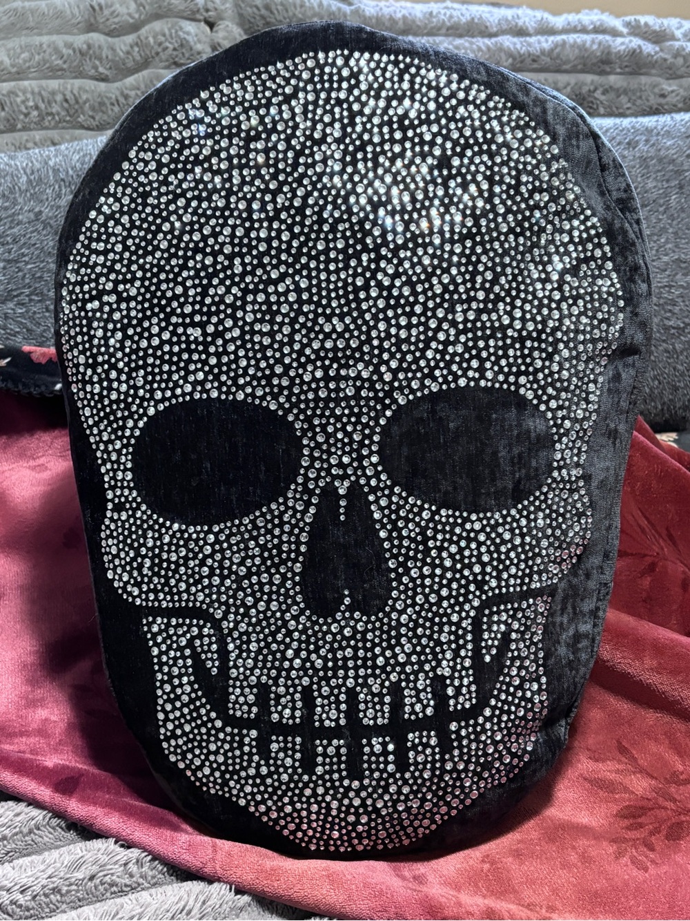 Magaschoni Home Black Rhinestone Crystal Skull Decorative Pillow Goth Glam